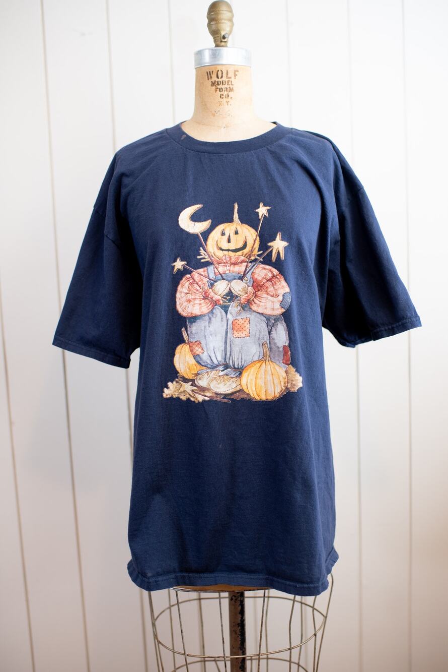 Vintage 90s Pumpkin Halloween Scarecrow T-Shirt Navy Blue Cotton Autumn Tee, XL